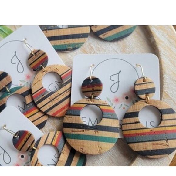 Striped Cork Circle Dangle Earrings - Picture 3 of 3